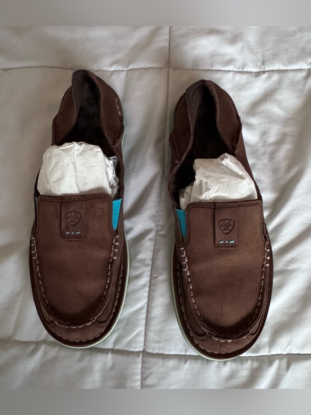 Ariat Brown Suede Slip-On Loafers with Teal Accent for Women